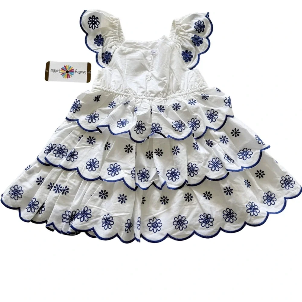 Counting Daisies Toddler 3T White Blue Floral Embroidered Tiered Dress NEW